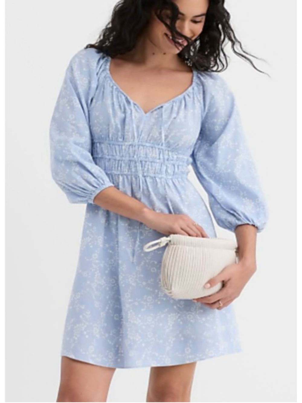 LOFT Linen Blend Blue Floral Peasant Dress 3/4 Sleeve NWT Sz XS